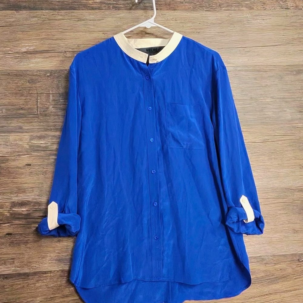 Miss WU Chic Blue Women's Silk Blouse with Cream Accents